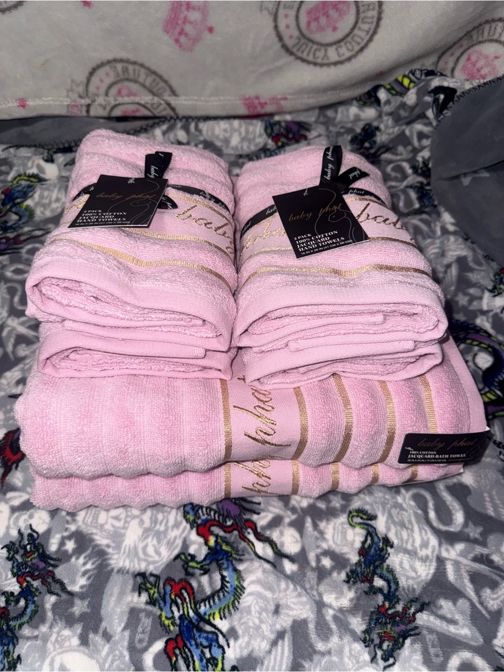 Baby Phat Pink and Gold Stripe Bath Towel Set